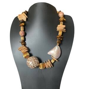 CAROLYN TANNER Wood Stone Shell Organic Statement Necklace